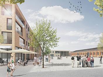 So könnte die neue Mitte im Bamberger Osten aussehen. Die Illustration von Pesch und Partner zeigt die als Kammerkonzertsaal im Gespräch befindliche ehemalige Reithalle neben einer neu zu bauenden Markthalle.