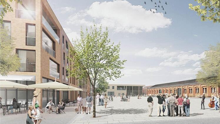 So könnte die neue Mitte im Bamberger Osten aussehen. Die Illustration von Pesch und Partner zeigt die als Kammerkonzertsaal im Gespräch befindliche ehemalige Reithalle neben einer neu zu bauenden Markthalle.