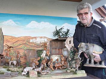 Der Elefant ist eine prächtige Holzfigur, die zu dieser von Florian Hofmann überarbeiteten und mit passendem Hintergrundbild versehenen Krippe gehört. Die Darstellung der Geburt Jesu ist ein Teil mehrerer biblischer Szenen, die alle in der Krippenschau hätten gezeigt werden sollen.