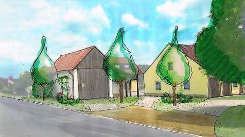 So könnte in Bösenbechhofen der zentrale Platz um die Dorfscheune (links) gestaltet werden.  Illustrationen: Ursula Barth und Kathrin Nißlein