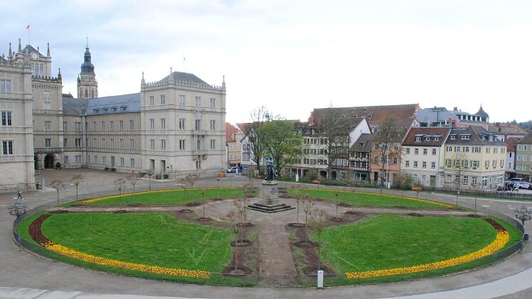 Alle Kugelahorne stehen. Das Rondel am Coburger Schlossplatz ist fertig. Fotos: Christoph Wiedemann