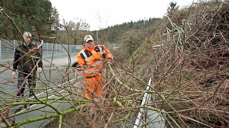 Sehr zur Freude von Jürgen Pfister (links) kam gestern von der Gemeinde "Nachschub" für den Häckselplatz in Walsdorf. Martin Müller hatte am Pumpwerk ausgelichtet, das Strauchwerk soll im nächsten Winter für Wärme in Scheßlitz sorgen.  Foto: Barbara Herbst