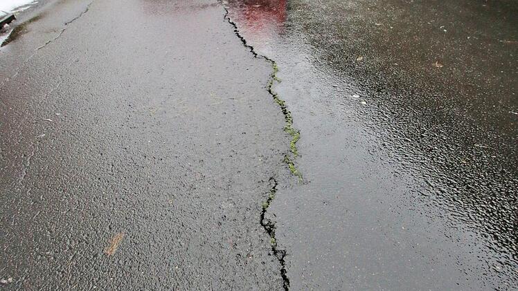 Ein Riss zieht sich durch die Fahrbahn der Parksiedlung. Der Hang muss deshalb aufwändig saniert werden. Die Kosten werden auf knapp 600 000 Euro geschätzt.  Foto: Dieter