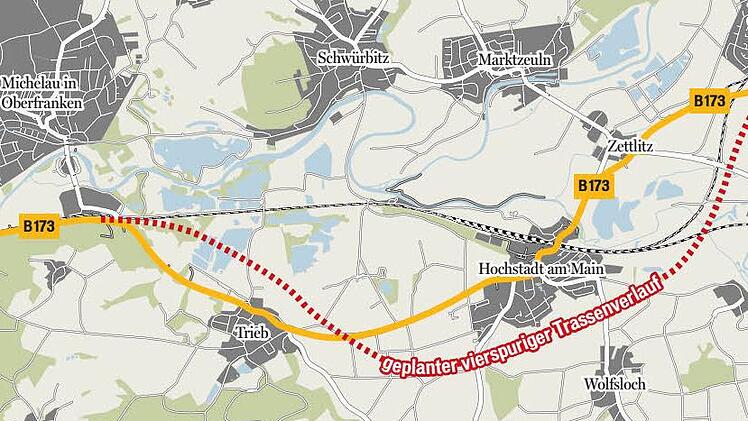 Die Karte zeigt den geplanten Trassenverlauf für den Ausbau der B 173.