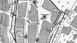 Eingezeichnet in den alten Kronacher Stadtplan (Stadtarchiv Kronach) markieren  Ziffern die Stellen der im Jahre 1711 in der Oberen Stadt abgebrannten Johannisfeuer. Repro: Bernd Graf