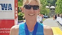 Petra Steger vom ASC Kronach-Frankenwald nach dem Zieleinlauf beim Powertriathlon in Gera. In ihrer Altersklasse erreichte sie Platz 1.  Foto: ASC Kronach-Frankenwald