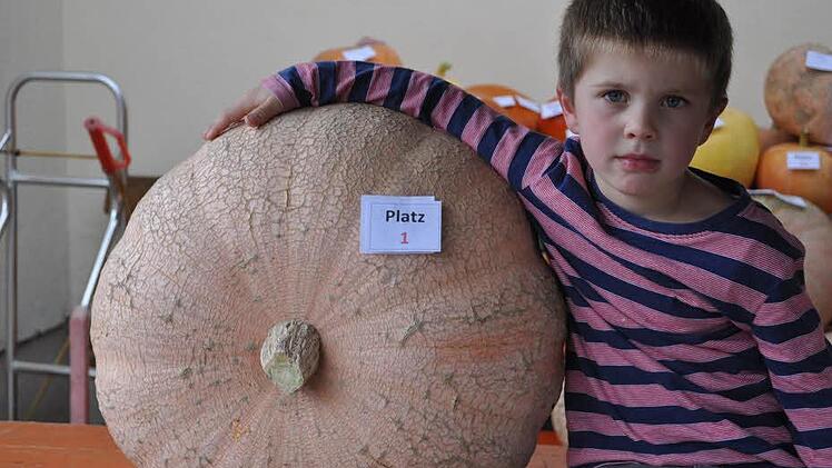 Der Arm reicht kaum rum: Sebastian Och aus Rabelsdorf mit dem schwersten Kürbis, der 27,4 Kilogramm auf die Waage brachte.