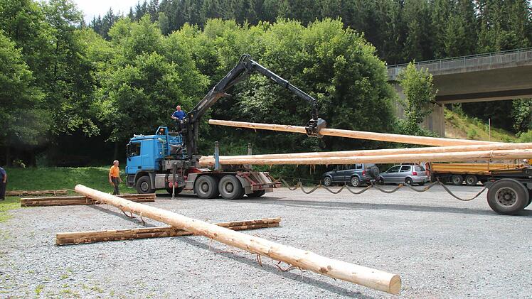 Der Holztransporter verlädt die gefällten Baumstämme.