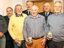 Ehrungen bei der Feuerwehr Bischwind (von links): Vorsitzender Udo Jahn, Dieter Zeitner, Günther Grämer, Gerhard Döhler, KBI Reinhard Hartung, Rudi Höhn, Günther Schramm, Werner Steinert und Hubert Zeitner  Foto: Michael Stelzner