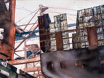 Marina Abramova: "Am Hafen", Aquarell.Jochen Berger