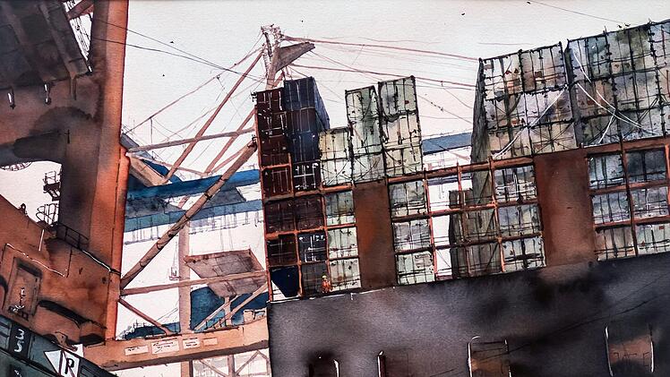 Marina Abramova: "Am Hafen", Aquarell.Jochen Berger