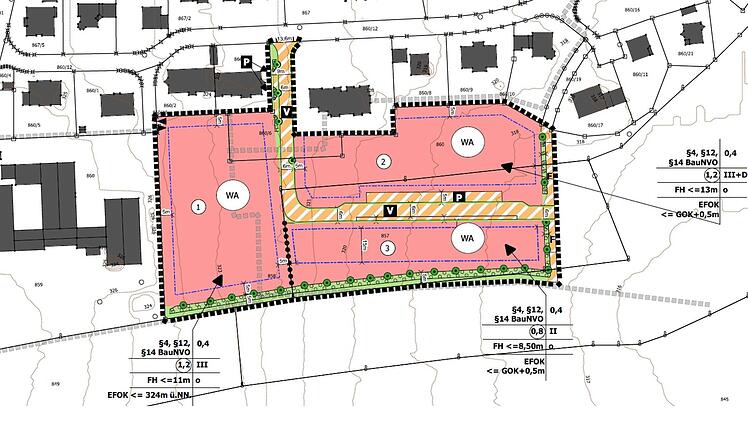 Das geplante Wohngebiet (rot gekennzeichnet) wird über die Henneberger Straße aus erschlossen (gelbweiß schraffierte Fläche). Links das bestehende ASB-Pflegeheim.  Grafik: Klaus Oelzner