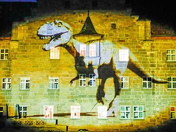 Im Zeitraffer geht es bei der Lichtinstallation im Schloss-Areal zu Eyrichshof von der Amöbe über Mammut und Dinosaurier durch die Hochkulturen bis zur Startrampe des Raum-Shuttles von Cape Canaveral. Foto: Matthias Hoch