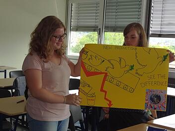 Friedensarbeit: Vor dem Hintergrund des Erbes des Ersten Weltkrieges und dem Letter-Art-Projekt "Remember 1914 bis 1918" haben die Schüler Anti-Krieges-Werbung gestaltet. Nicht Waffen, sondern Friedenstauben sollen produziert werden. Fotos: Johanna Eckert
