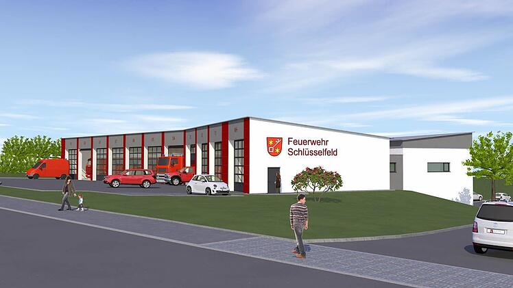 So soll das neue Feuerwehrzentrum nach der Fertigstellung aussehen. Hier die Fahrzeughalle mit zehn Stellplätzen  Skizze: Stadt Schlüsselfeld