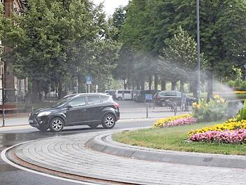 Bewässerte Blumen und Autos am Wilhelmsplatz Foto: Stefan Fößel
