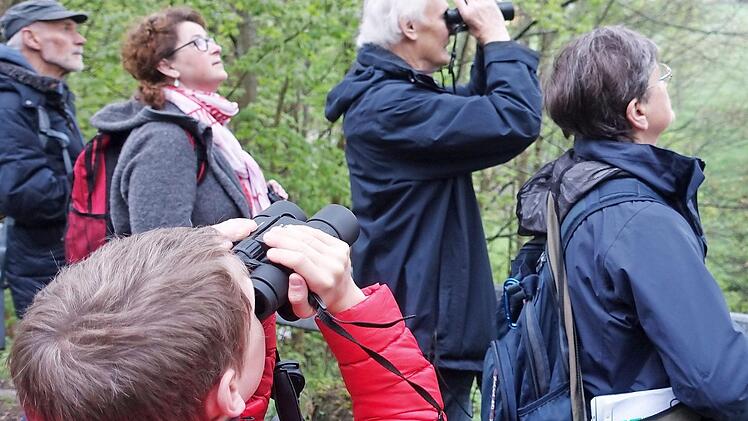 Interessiert griffen die Teilnehmer des Vogelstimmenkurses immer wieder zum Fernglas, um die gefiederten Solisten aus der Nähe zu beobachten und nicht nur ihre schönen Stimmen, sondern auch ihre bunten Kleider zu bewundern. Foto: K.- H. Hofmann