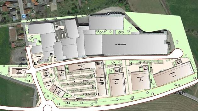 Nach Vorstellungen des Planers könnte das neue Gewerbegebiet im Süden von Wiesenfeld diese Formen annehmen.  Repro: Martin Rebhan