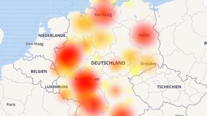 Die St&ouml;rungskarte zeigt die Ausf&auml;lle bei O2 am Dienstagnachmittag. Screenshot: allestoerung.de