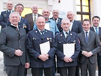 Bürgermeister Johannes Maciejonczyk, sein Stellvertreter Peter Pfohlmann, Dritter Bürgermeister Baptist Göller, Landrat Johann Kalb, KBI Friedrich Riemer, stellv. Landrat Johann Pfister und KBR Bernhard Ziegmann zusammen mit den Geehrten für 40-jährige aktive Dienstzeit im Feuerwehrwesen Foto: Elke Pieger