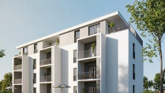 Eine Wohnanlage mit sechs Gebäuden soll am Kieferndorfer Weg entstehen. Auf dem Musterbild sind vier Geschosse abgebildet.  Die Gebäude, die in Höchstadt entstehen, sind jedoch dreigeschossige Häuser ohne Penthouse.  Vorlage: Projekt Bauart