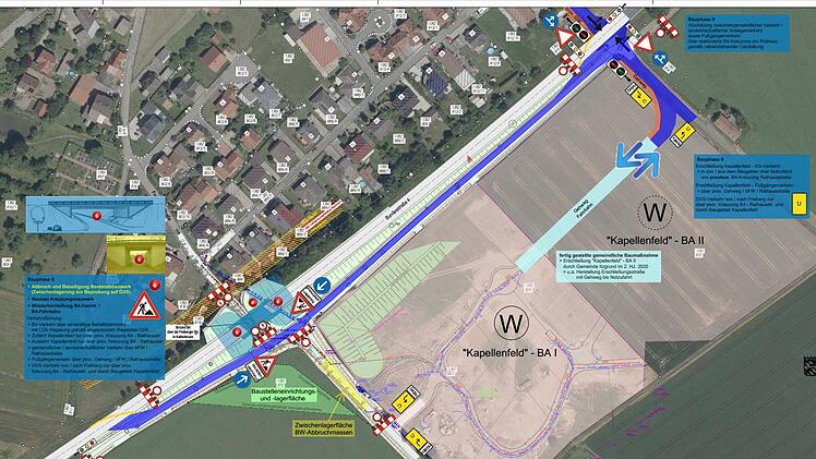 Über die Freiberger Straße kommt man ab Freitag nicht mehr ins "Kapellenfeld", sondern nur noch über die Rathausstraße und den als Umleitung hergerichteten Feldweg (blau).