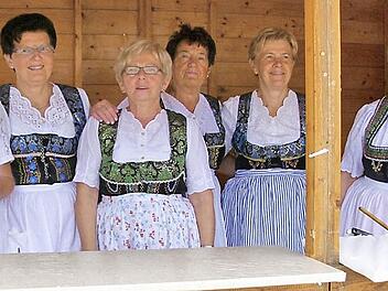 Die Frauen in der Arbeitstracht für Hausarbeiten in dem Holzhaus nach dem "Küchla-Wahnsinn" am Dorffest sind (von links): Marliese Güthlein, Annemarie Kraus, Gretl Scholz, Betty Köhler, Ursl Mirschberger und Anneliese Zuleger Fotos: privat