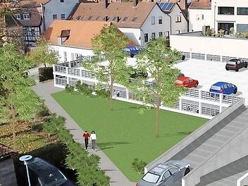 Die Planskizze zeigt, wie nahe der Bau einer Parkpalette an die historischen Gebäude (links die Gereonskapelle) heranreichen würde.  Visualisierung Landratsamt Forchheim