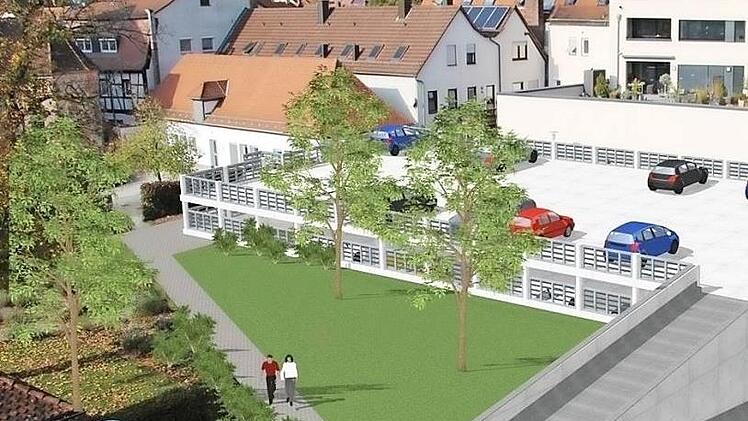Die Planskizze zeigt, wie nahe der Bau einer Parkpalette an die historischen Gebäude (links die Gereonskapelle) heranreichen würde.  Visualisierung Landratsamt Forchheim