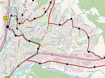 Linien und Haltestellen für den Stadtbusverkehr in Kronach. Grafik: Nahverkehrs-Beratung Südwest, Repro: K.-H. Hofmann