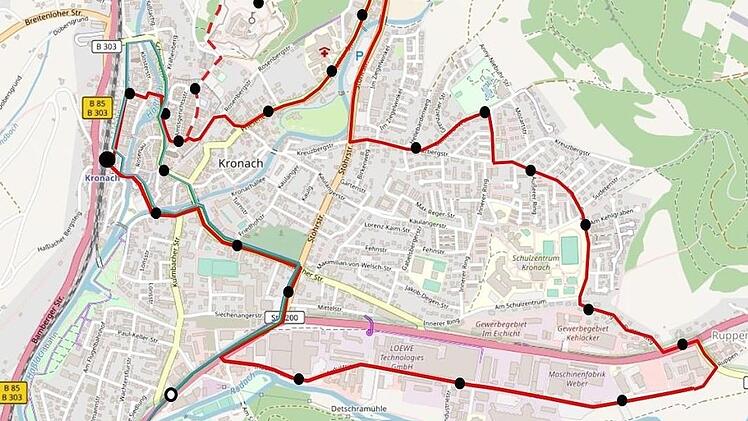 Linien und Haltestellen für den Stadtbusverkehr in Kronach. Grafik: Nahverkehrs-Beratung Südwest, Repro: K.-H. Hofmann