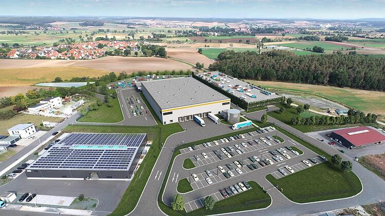 Amazon plant im Gewerbegebiet Limbach diese Logistikhalle. Die Visualisierung zeigt im Hintergrund den Pommersfeldener Ortsteil. Dort haben sich Kritiker des Projekts zu einer Bürgerinitiative zusammen geschlossen und einen Bürgerentscheid am 5. April erreicht. Visualisierung: P3 Logistic Parks