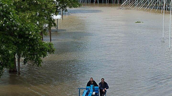 Die überschwemmte Talavera-Wiese in Würzburg. Foto: Tobias Köpplinger