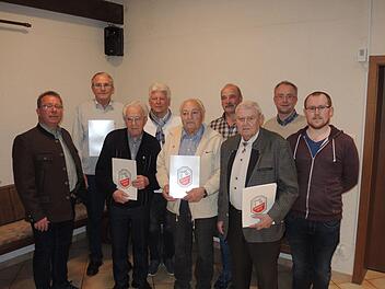 Wolfgang Lutz (links) ehrte auch Mitglieder, die über 30 Jahre schon Mitglied bei der TSVgg Hausen sind: Wolfgang Czelustek, Max Kiefl, Harald Blasek, Martin Schmitt, Stefan Heuring, Egon Schlereth, Bernd Czelustek, daneben stellvertretender Vorsitzender Alwin Minnich. Sebastian Fichtl