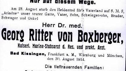 Die Todesanzeige für Georg Ritter von Boxberger