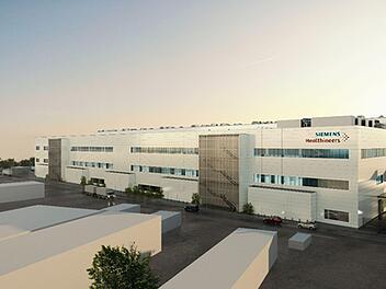 Die Fertigungsbereiche des neuen HEP-Centers aus Nordosten betrachtet Animation:   Siemens Healthineers