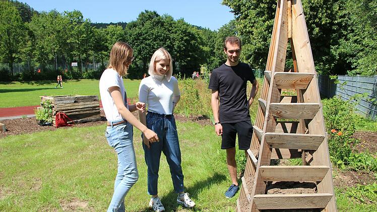 Ida Hauck, Constanze Faust und David Bieber  vom P-Seminar "Schulgarten" an der selbst gebauten Erdbeerpyramide.