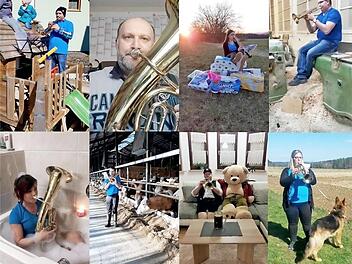 Zwölf Wattendorfer Musiker hatten sich jeweils einen außergewöhnlichen Ort ausgesucht, um unabhängig voneinander eine Polka aufzunehmen. Die Musikstücke wurden dann fürs Video zusammengefügt.  Screenshots: Stephan Wilm