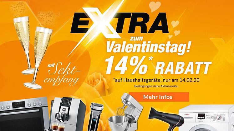 14 Prozent Rabatt auf Haushaltsgeräte: Verpassen Sie nicht die tolle Valentinstags-Aktion bei expert. Sektempfang inklusive! Bild: expert