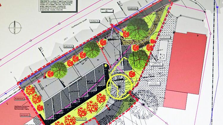 Eine Grünfläche mit sieben Parkplätzen und diversen Ladestellen für Elektrofahrzeuge wird im Frühjahr zwischen VR-Bank und Marktplatz entstehen.  Repro: Klaus Klaschka