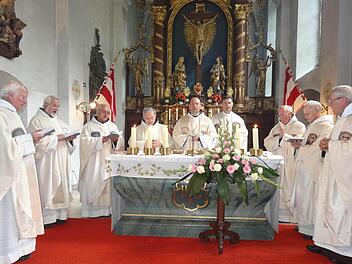 Freunde und Wegbegleiter feierten das 50. Priesterjubiläum von Pater Gero (4.v.l.) auf dem Kreuzberg.  Foto: Marion Eckert