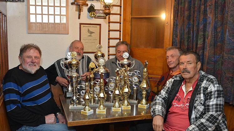 Die Sieger des Brieftaubenvereins "0731 Quästenbergsegler" freuen sich über ihre unzähligen Pokale (von links): Georg Mahlmeister, Fridolin Mahlmeister, Walter Geheeb, Lothar Bötsch und Paul Beck. Foto: Björn Hein