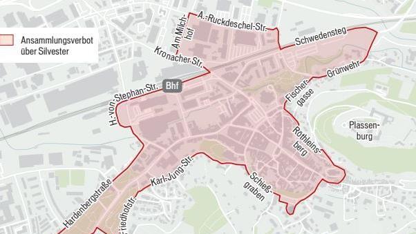Die Verbotszone in der Stadt Kulmbach, die zum Jahreswechsel gilt. Quelle: Landratsamt/Grafik: Dagmar Klumb