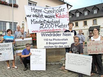 Die Bürgerinitiative "Juradwindpark" und der Verein "Pro Fränkische Heimat " werden am kommenden Mittwoch in Hof gegen die Windparkpläne demonstrieren. Hier haben sich einige Unterstützer vor dem Rathaus in Wonsees postiert. Foto: Alexander Hartmann