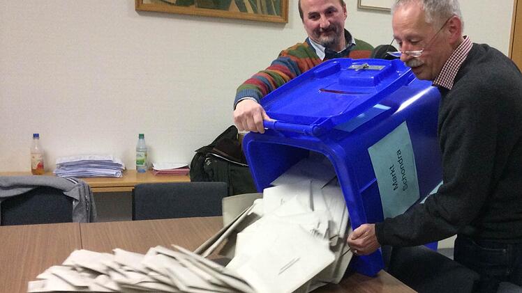 Hubert Schmitt und Oswald Türbl leeren eine Wahlurne im Rathaus Schondra aus. Foto: Ralf Ruppert