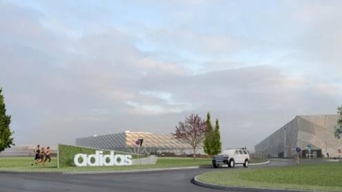 Dieser Schriftzug, im Antrag als Kunstwerk bezeichnet, ist an der Einfahrt zur Adi-Dassler-Straße geplant.   Animation: Adidas