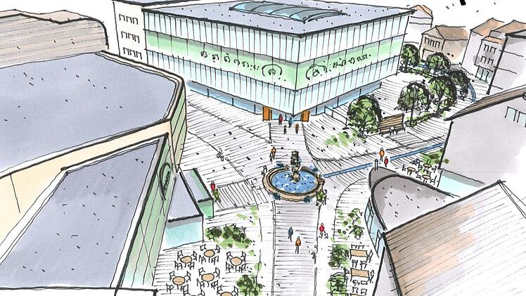 Der Entwurf der CSU: Die Mauer hinter dem Postareal verschwindet. Der Post-Anbau aus den 80er-Jahren weicht einem neuen Gebäude (Mitte), in das ein Fachmarkt einziehen könnte. Der Kreuzungspunkt von Lohgraben und Badergasse wäre ideal für einen Brunnen, in den ein künstlicher Wasserlauf mündet. Der Eingang des Kaufhofs (links) wird verlegt und attraktiver gestaltet. Grafik: Ulrich Müller (CSU)