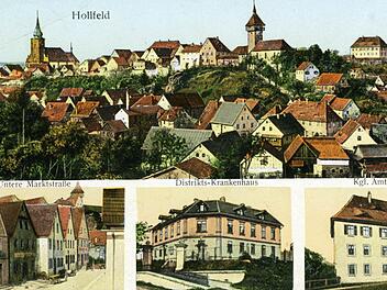 Hollfeld auf einer Ansichtskarte von 1915: mit Krankenhaus, Gericht und dem alles überragenden Gangolfsturm Repros: Reinhard Löwisch
