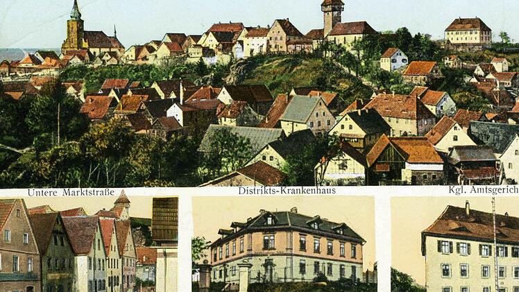 Hollfeld auf einer Ansichtskarte von 1915: mit Krankenhaus, Gericht und dem alles überragenden Gangolfsturm Repros: Reinhard Löwisch