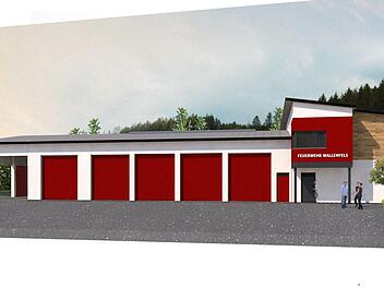 Das neue Feuerwehrhaus der Stadt Wallenfels wird in der Bahnhofstraße ("Woller"-Gelände) errichtet und soll aussehen wie auf dem Bild des Planers.  Entwurf: Architekturbüro Schöttner